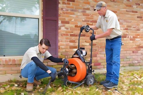 Carrollton plumbers clearing a sewer line with a drain machine outside a home